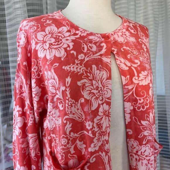 NWT Issac Mizrahi Live! Coral Floral One Button Cardigan Sweater Women’s Medium - Picture 6 of 10